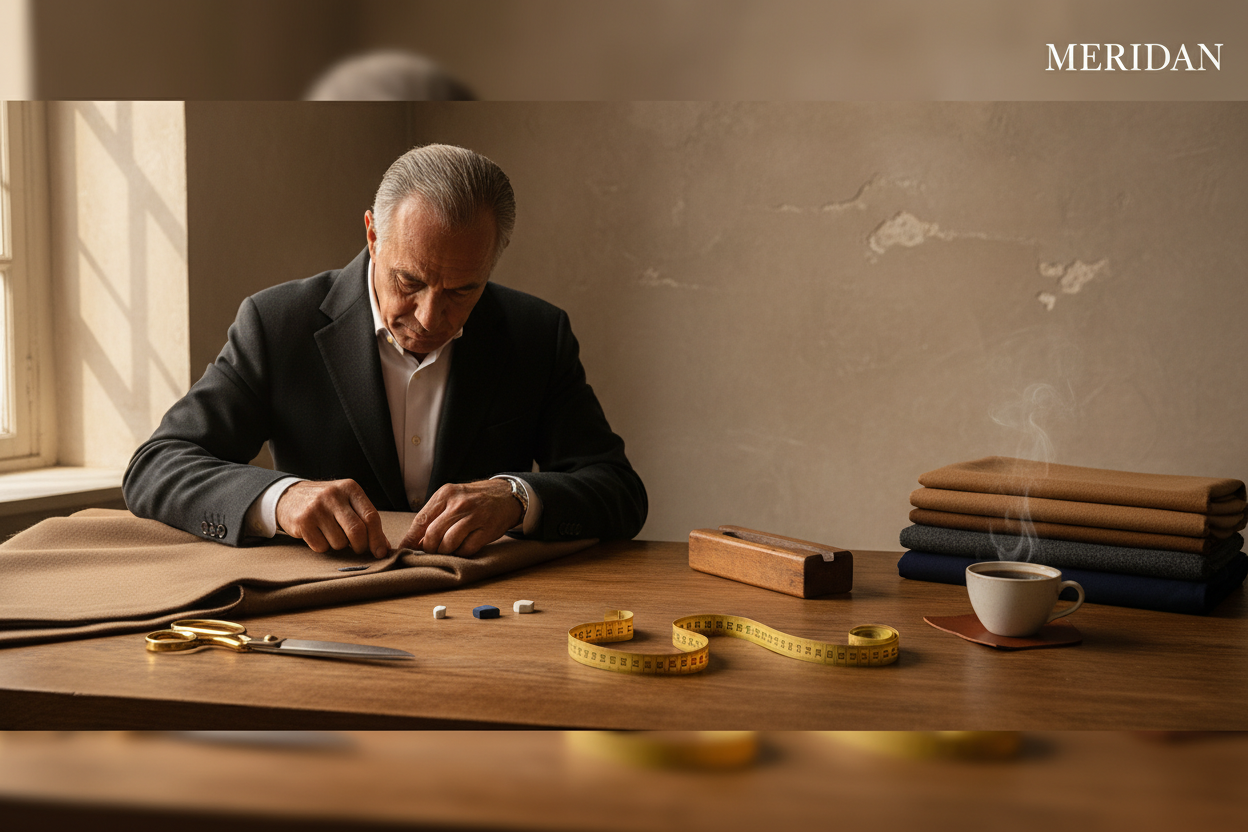A hyper-realistic cinematic banner for the luxury menswear brand Meridian. Scene: an artisan tailor at a quiet European atelier table, hand-stitching a cashmere/wool coat seam. Include subtle tools (shears, wooden clapper, chalk, measuring tape), folded fabrics (camel, charcoal, navy), and a cup of black coffee. Background: warm plaster wall and oak tabletop. Lighting: soft golden daylight from the left, with gentle falloff and natural shadows; no harsh glare. Color palette: taupe, camel, ivory, espresso, n